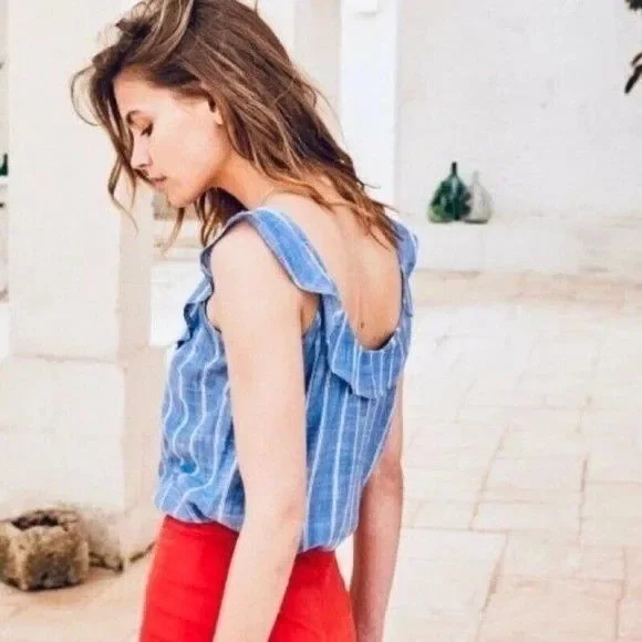 Sezane Manon Striped Blouse Tank Top Ruffle Buttondown Embroidered M-38 286661 - Picture 4 of 8